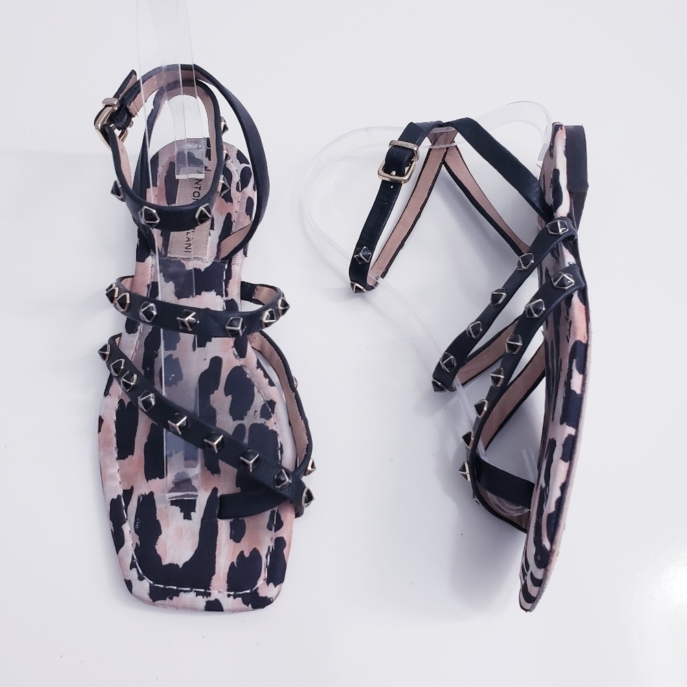 Antonio Melani Studded Ankle Wrap Square Leppard Flat Sandals